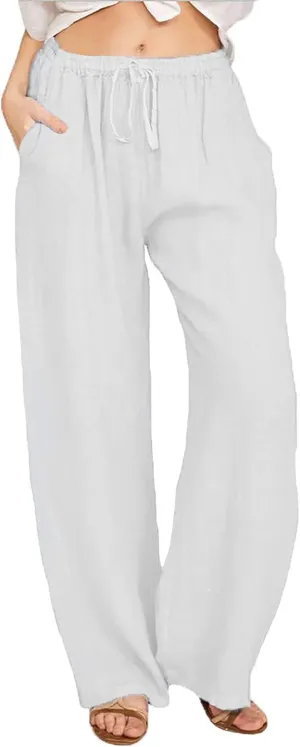 Cotton Linen Pants Women Summer Wide Leg Casual Loose Trousers Drawstring High Waist Palazzo Pants with Pockets 2025