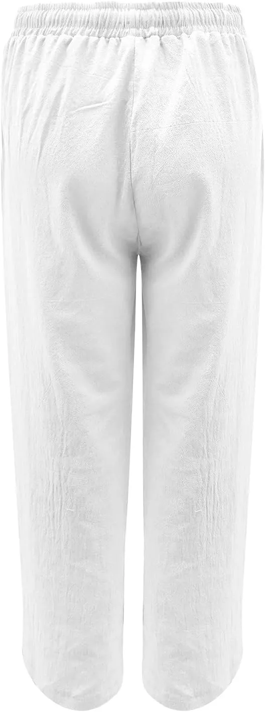 Cotton Linen Pants Women Summer Wide Leg Casual Loose Trousers Drawstring High Waist Palazzo Pants with Pockets 2025