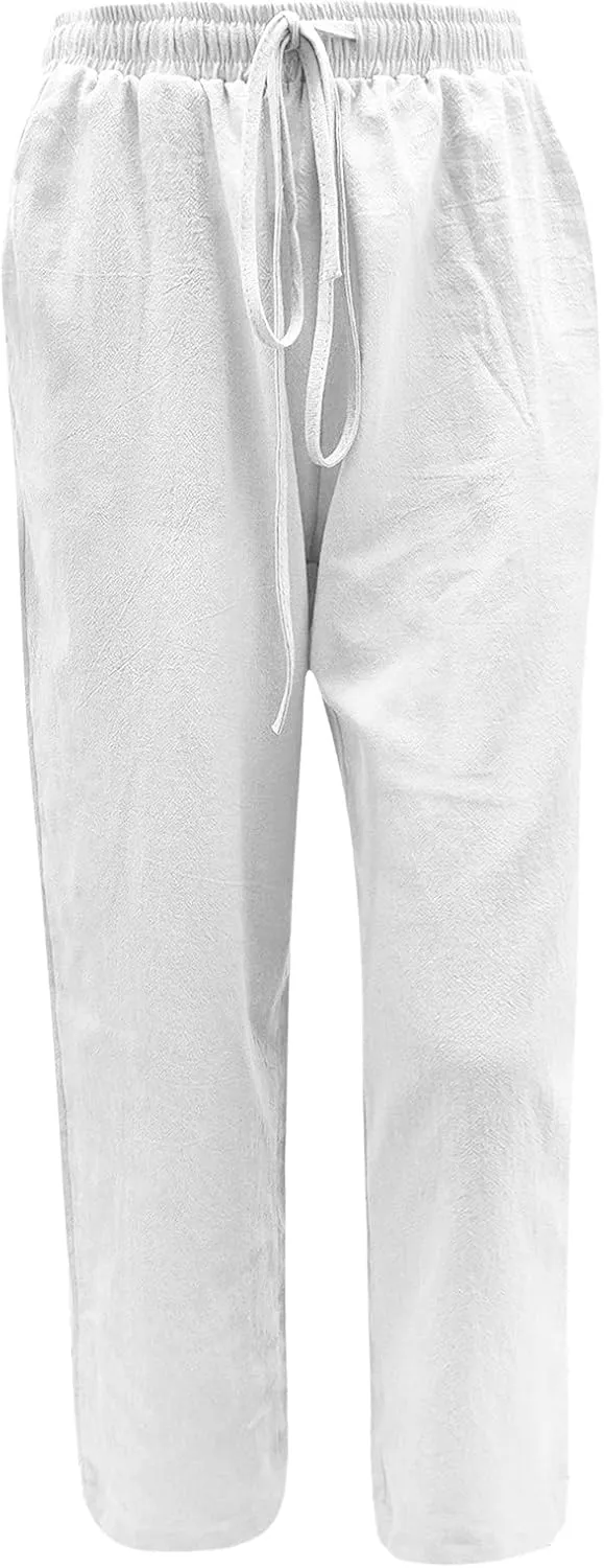 Cotton Linen Pants Women Summer Wide Leg Casual Loose Trousers Drawstring High Waist Palazzo Pants with Pockets 2025