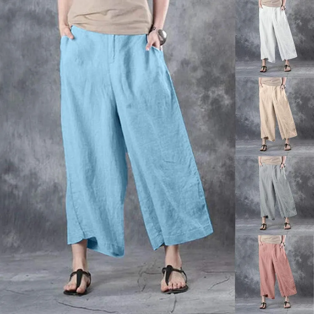 Cotton Linen Pants Women Summer Wide Leg Cropped Trousers Elastic Waist Beach Vacation Lounge Palazzo with Pockets