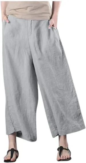 Cotton Linen Pants Women Summer Wide Leg Cropped Trousers Elastic Waist Beach Vacation Lounge Palazzo with Pockets