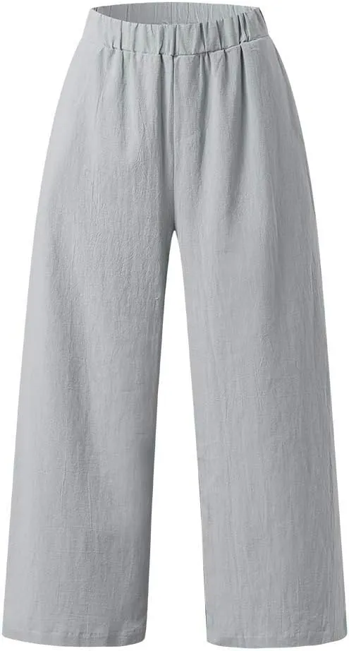 Cotton Linen Pants Women Summer Wide Leg Cropped Trousers Elastic Waist Beach Vacation Lounge Palazzo with Pockets