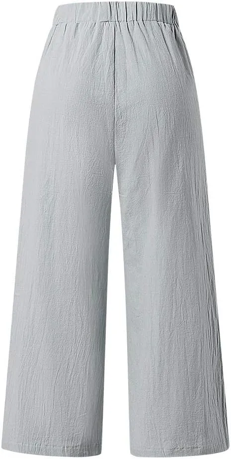Cotton Linen Pants Women Summer Wide Leg Cropped Trousers Elastic Waist Beach Vacation Lounge Palazzo with Pockets