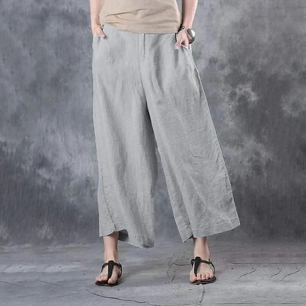 Cotton Linen Pants Women Summer Wide Leg Cropped Trousers Elastic Waist Beach Vacation Lounge Palazzo with Pockets