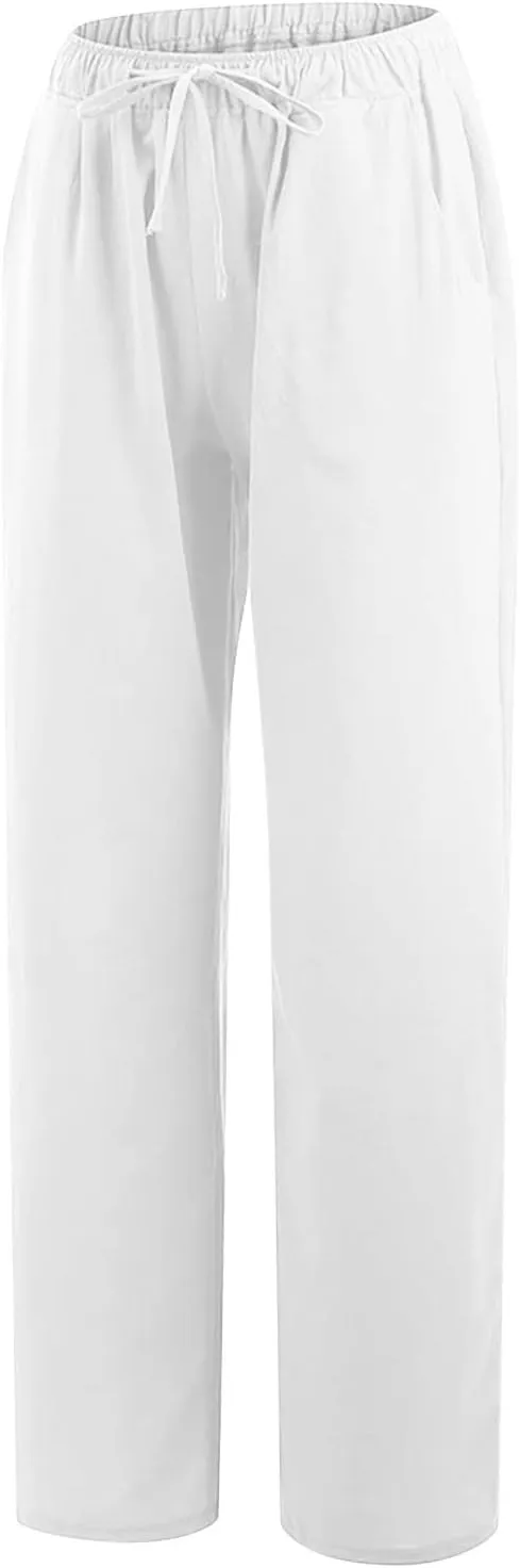 Cotton Linen Summer Pants Women Trendy Casual High Waist Drawstring Loose Fit Lightweight Long Palazzo Gauze Trousers