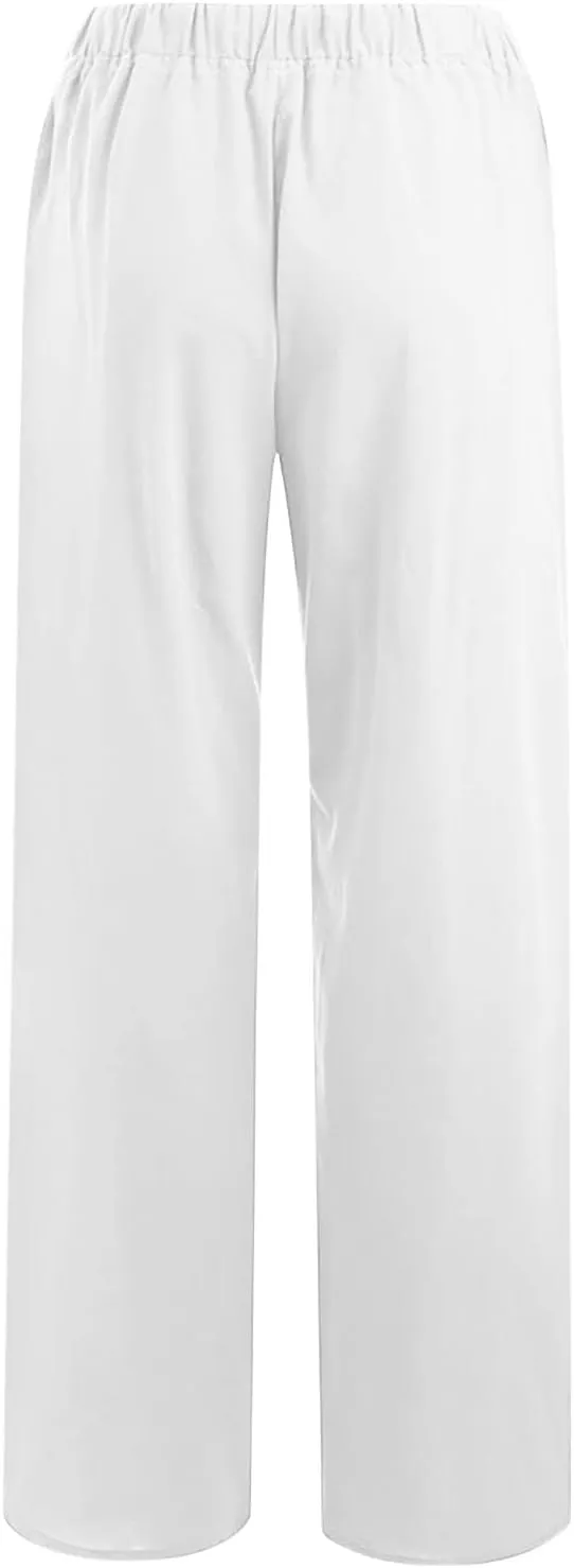 Cotton Linen Summer Pants Women Trendy Casual High Waist Drawstring Loose Fit Lightweight Long Palazzo Gauze Trousers