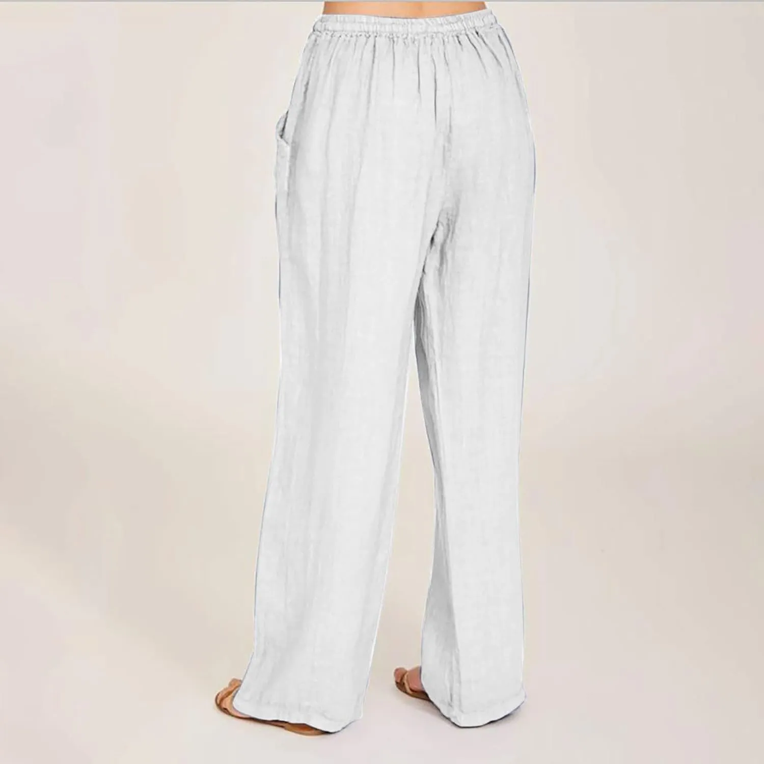 Cotton Linen Summer Pants Women Trendy Casual High Waist Drawstring Loose Fit Lightweight Long Palazzo Gauze Trousers