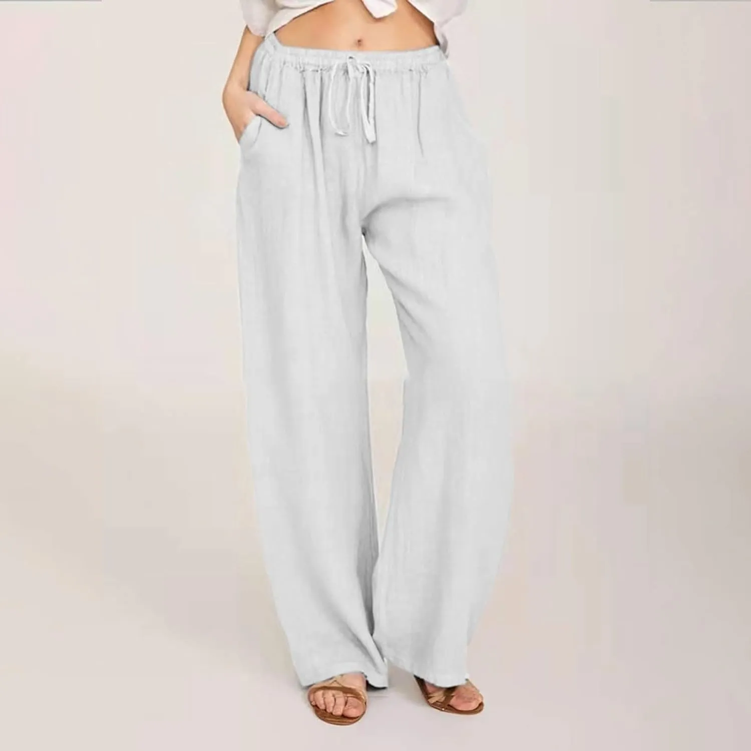 Cotton Linen Summer Pants Women Trendy Casual High Waist Drawstring Loose Fit Lightweight Long Palazzo Gauze Trousers