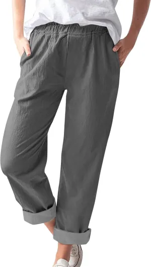 Cotton Linen Trouser Pants for Women Boho Beach Capris Pants 2024 Casual Summer Lightweight Drawstring Pants Pockets