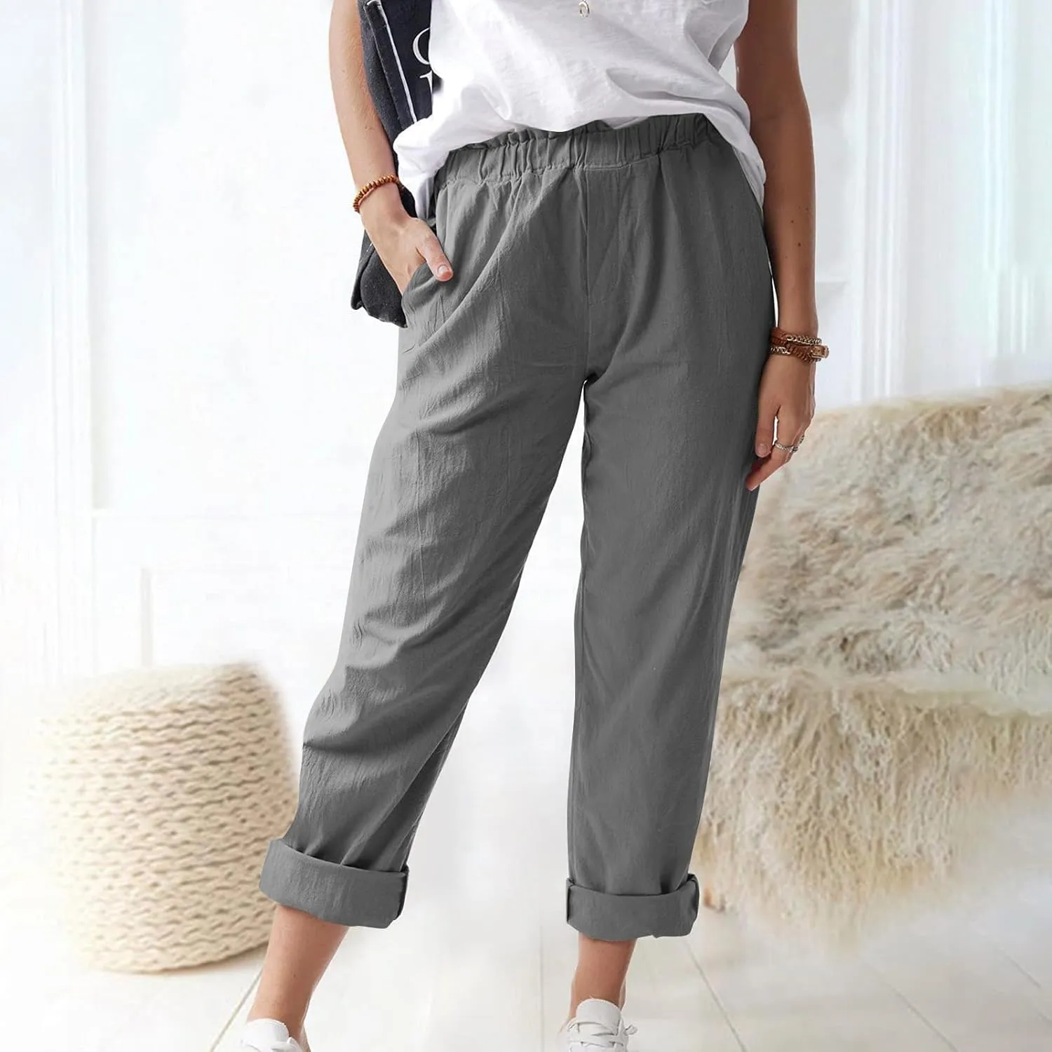 Cotton Linen Trouser Pants for Women Boho Beach Capris Pants 2024 Casual Summer Lightweight Drawstring Pants Pockets