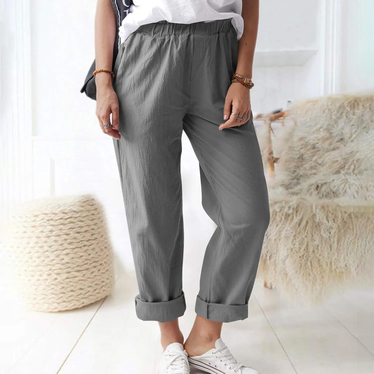 Cotton Linen Trouser Pants for Women Boho Beach Capris Pants 2024 Casual Summer Lightweight Drawstring Pants Pockets