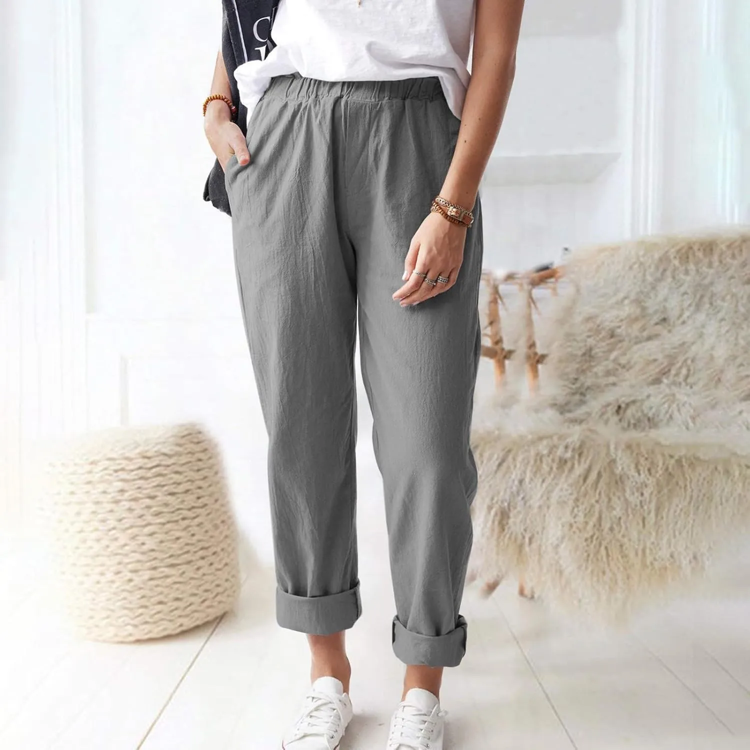 Cotton Linen Trouser Pants for Women Boho Beach Capris Pants 2024 Casual Summer Lightweight Drawstring Pants Pockets