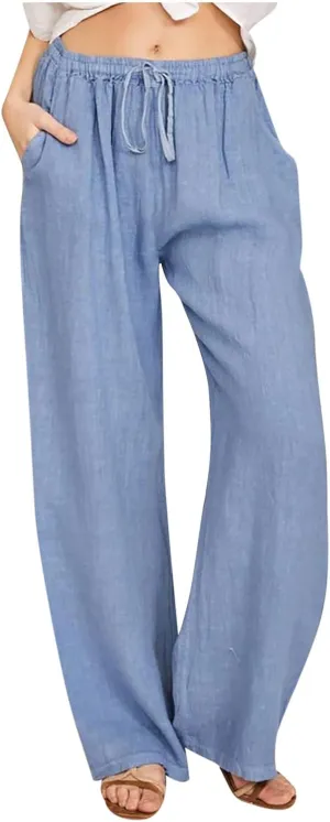 Cotton Linen Wide Leg Pants for Women Casual Summer 2024 Drawstring Beach Pants Loose Flowy Lounge Trousers