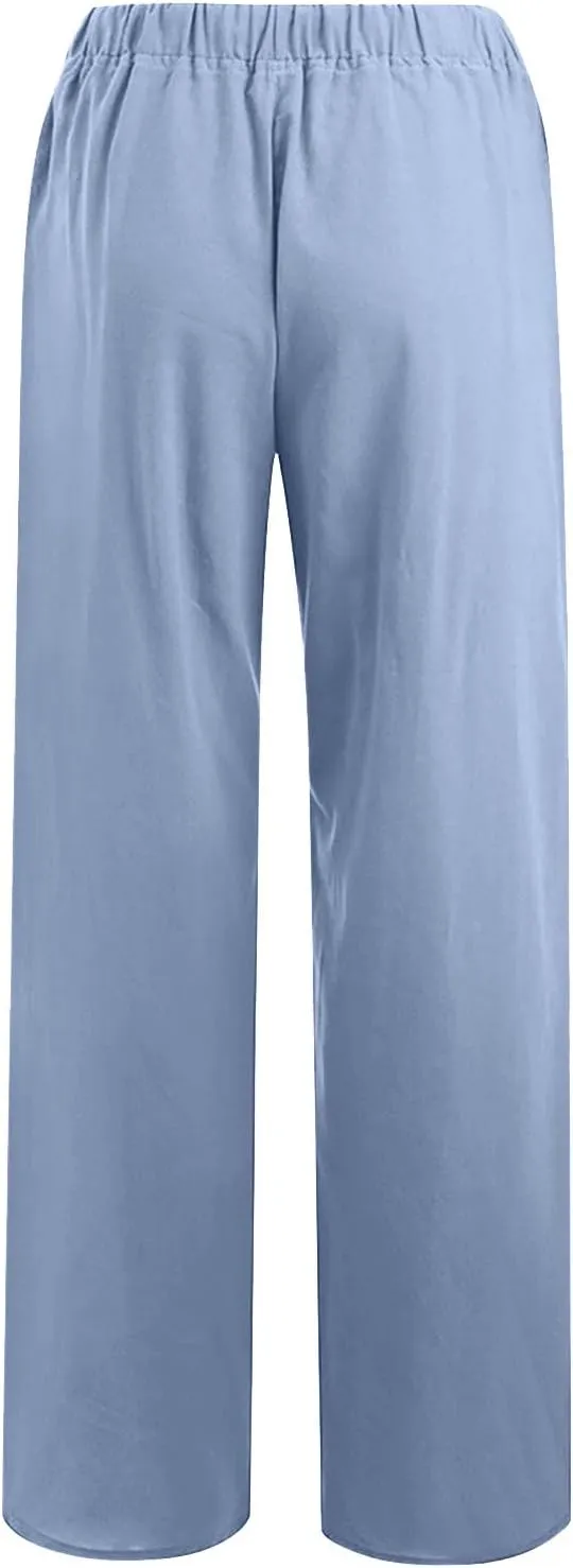 Cotton Linen Wide Leg Pants for Women Casual Summer 2024 Drawstring Beach Pants Loose Flowy Lounge Trousers