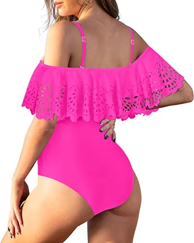 Criss Cross Lattice Hollow Out Waist Ruffle Swimwear For Teen Girls-Neon Pink