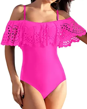 Criss Cross Lattice Hollow Out Waist Ruffle Swimwear For Teen Girls-Neon Pink