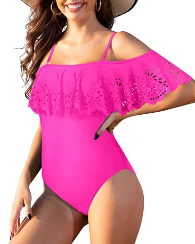 Criss Cross Lattice Hollow Out Waist Ruffle Swimwear For Teen Girls-Neon Pink