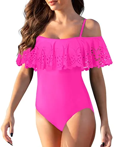 Criss Cross Lattice Hollow Out Waist Ruffle Swimwear For Teen Girls-Neon Pink