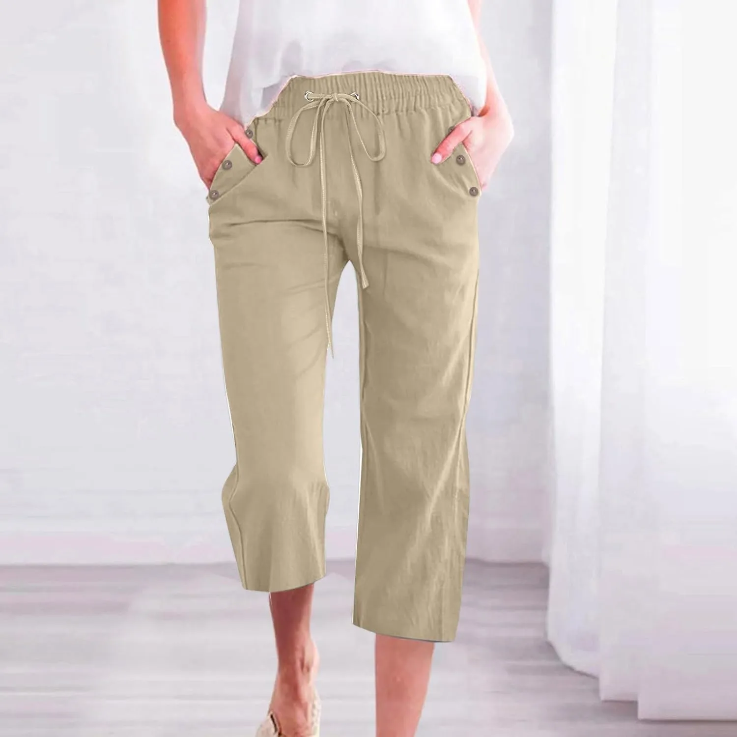 Cropped Trousers Women Drawstring Elasticated Waist Straight Leg Capri Pant Lounge Cotton Linen Shorts with Pockets