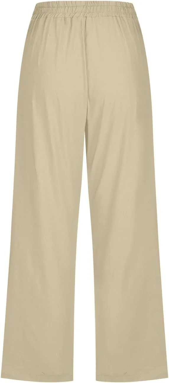 Cropped Trousers Women Drawstring Elasticated Waist Straight Leg Capri Pant Lounge Cotton Linen Shorts with Pockets