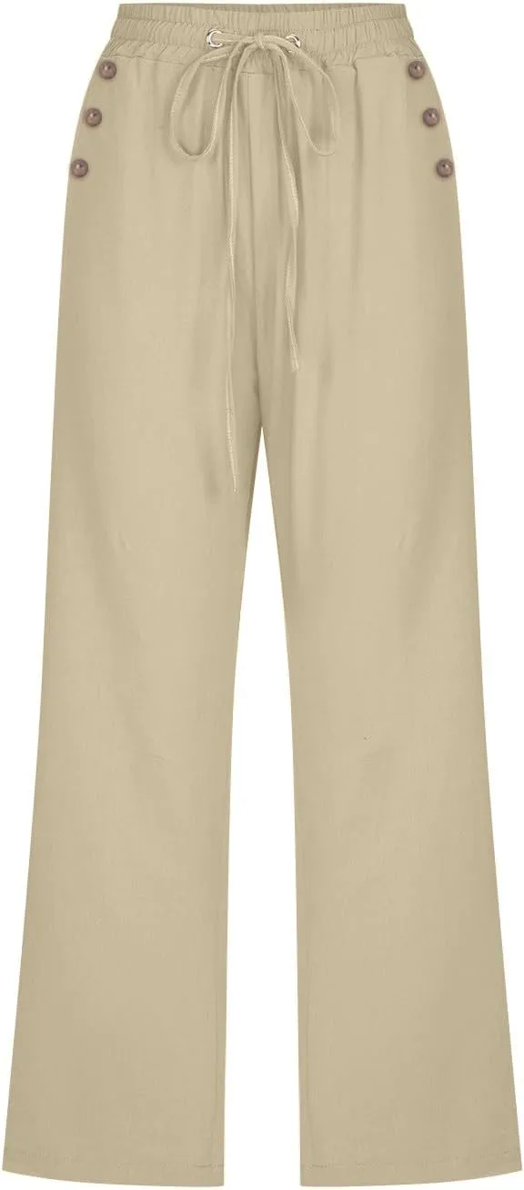 Cropped Trousers Women Drawstring Elasticated Waist Straight Leg Capri Pant Lounge Cotton Linen Shorts with Pockets