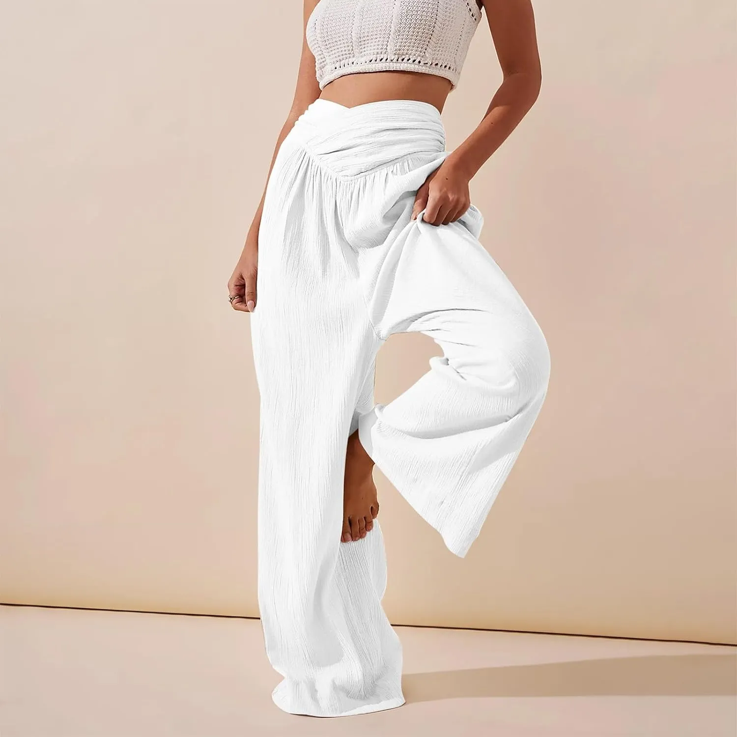 Crossover Linen Pants Women Summer Casual Loose Flowy Boho Palazzo Pants High Waisted Baggy Wide Leg Beach Trousers