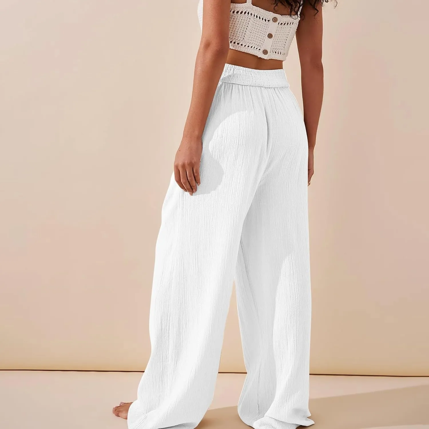 Crossover Linen Pants Women Summer Casual Loose Flowy Boho Palazzo Pants High Waisted Baggy Wide Leg Beach Trousers