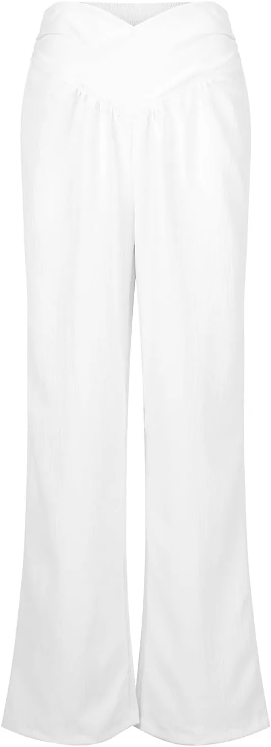 Crossover Linen Pants Women Summer Casual Loose Flowy Boho Palazzo Pants High Waisted Baggy Wide Leg Beach Trousers