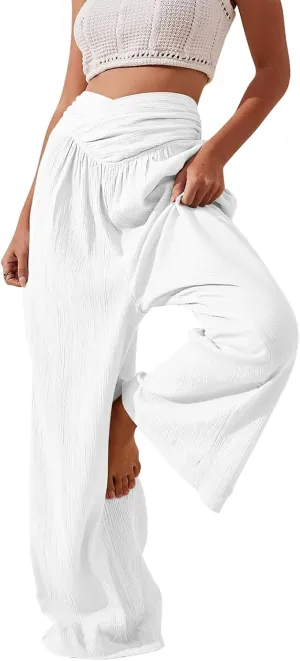 Crossover Linen Pants Women Summer Casual Loose Flowy Boho Palazzo Pants High Waisted Baggy Wide Leg Beach Trousers