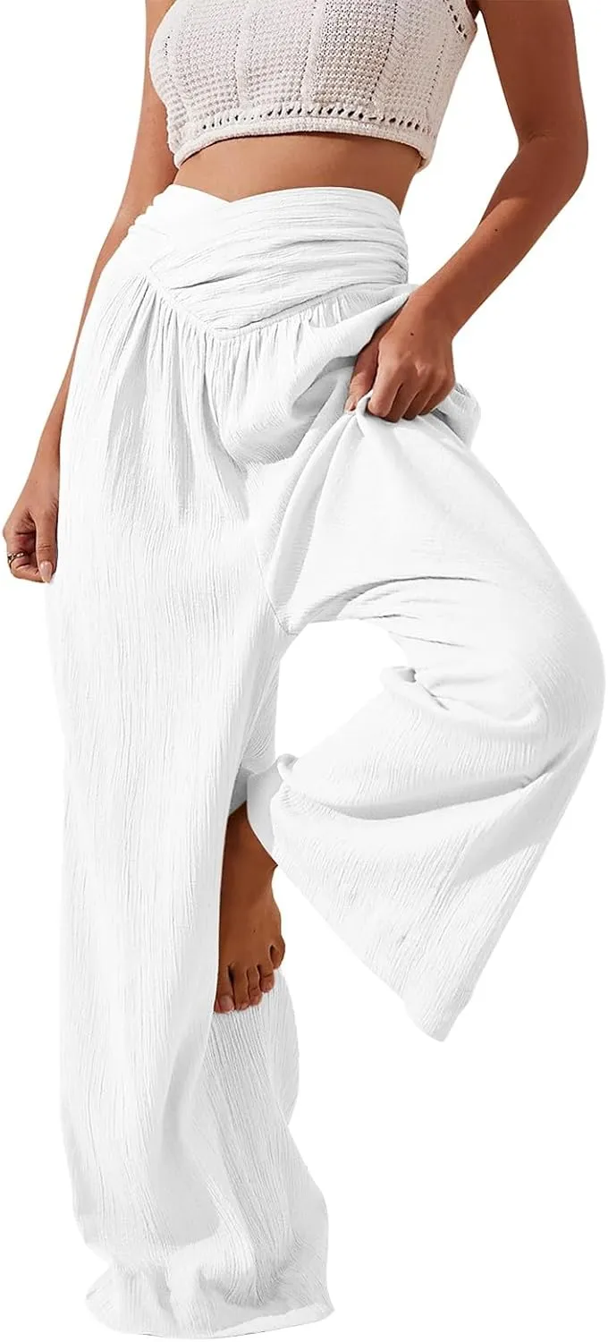 Crossover Linen Pants Women Summer Casual Loose Flowy Boho Palazzo Pants High Waisted Baggy Wide Leg Beach Trousers