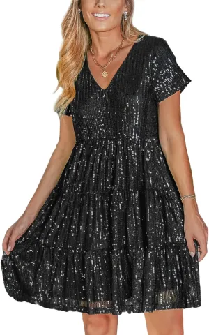 CUPSHE Women's Sequin Dress Elegant Sparkly V Neck Short Sleeve Glitter Mini Dresses