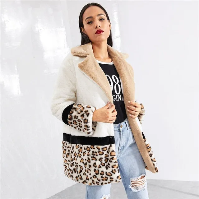 Cut And Sew Leopard Panel Streetwear Faux Fur Coat Casual Warm Winter Coats 2019 Women Coat Fashion Lady Outerwear