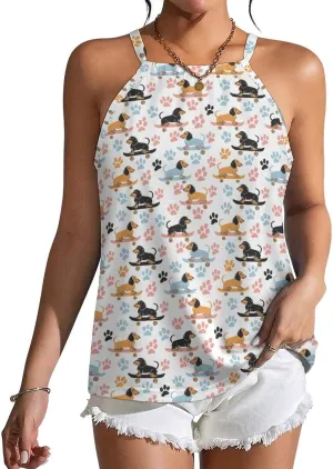 Dachshund Dogs on Skateboards Women's Tank Top Sleeveless Spaghetti Straps Tie Back Print T-shirt Tops