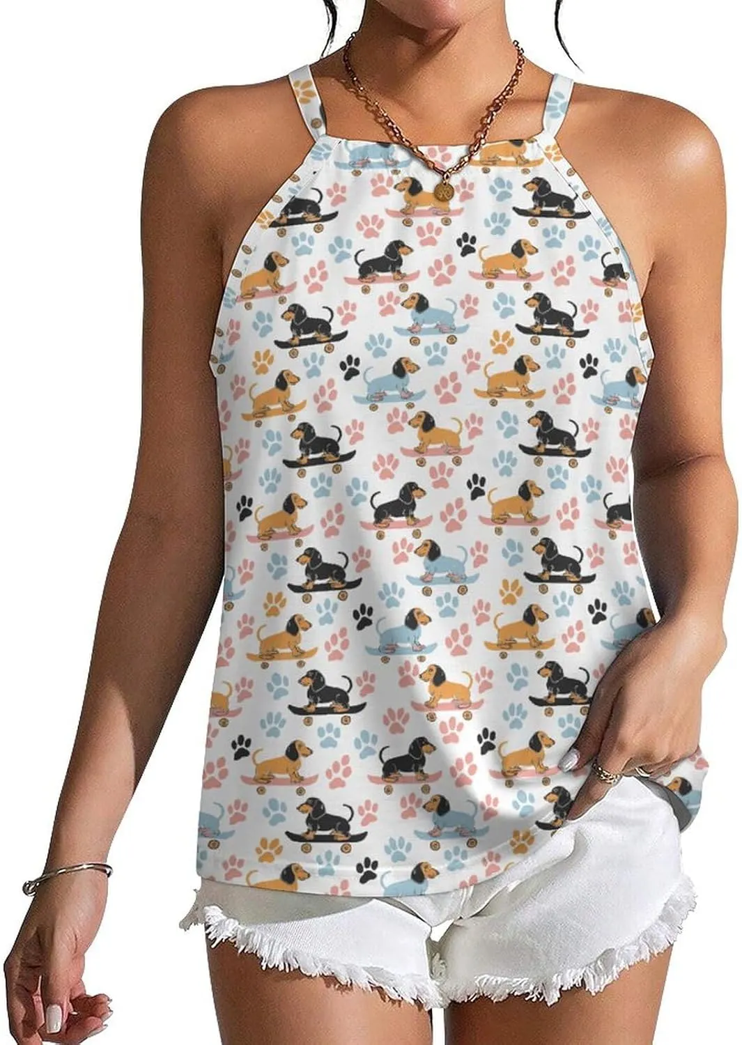 Dachshund Dogs on Skateboards Women's Tank Top Sleeveless Spaghetti Straps Tie Back Print T-shirt Tops