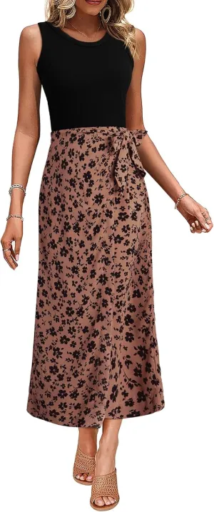 Dokotoo 2 Piece Sets for Women Summer Sleeveless Tank Tops and Boho Tie Knot Elastic Waist Midi Skirt Set