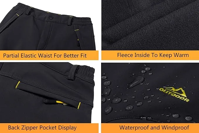 EKLENTSON Men's Waterproof Softshell Fleece Lined Outdoor Walking Trousers Warm Thicken Padded Hiking Ski Pants with Zip Pockets