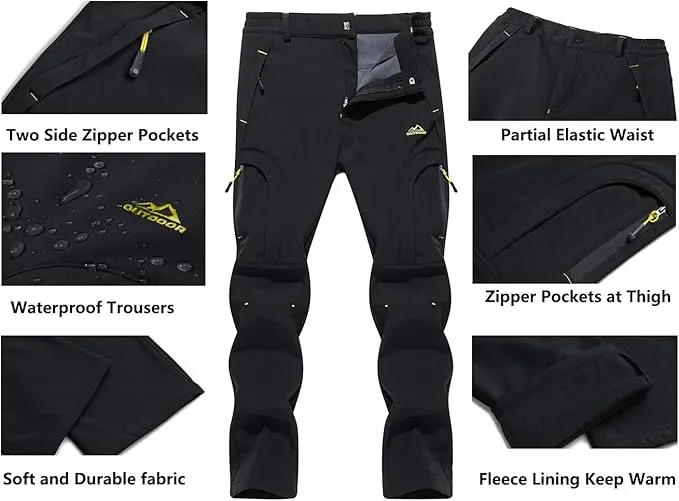 EKLENTSON Men's Waterproof Softshell Fleece Lined Outdoor Walking Trousers Warm Thicken Padded Hiking Ski Pants with Zip Pockets