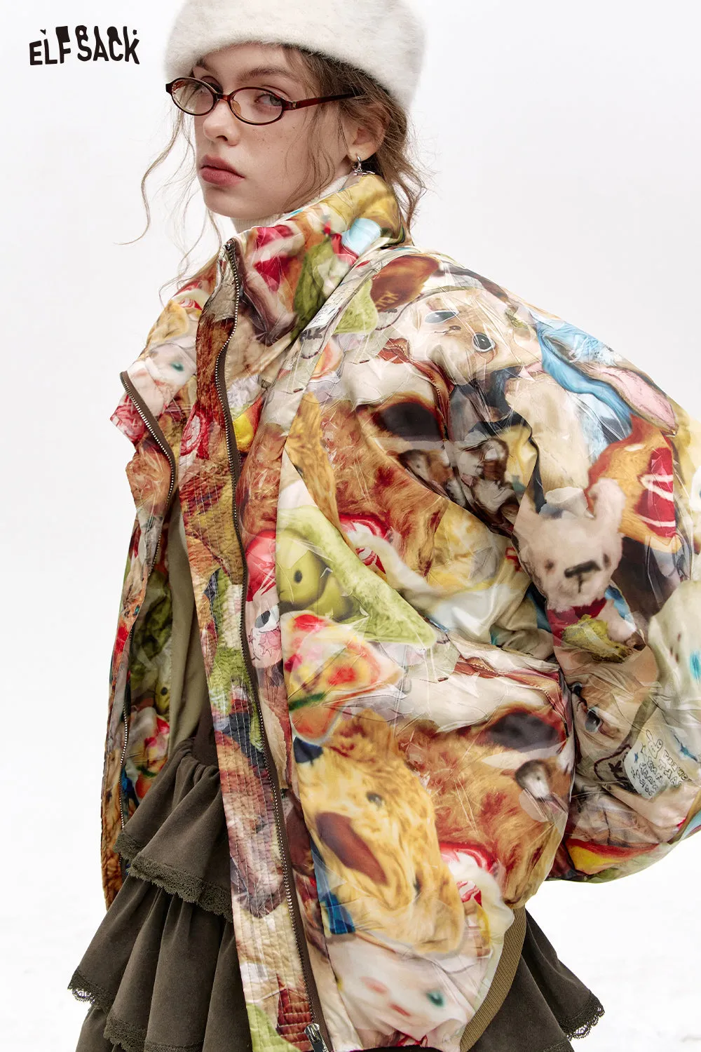 ELFSACK 2024 Winter New Arrivals Stand collar all over print short down jacket for women
