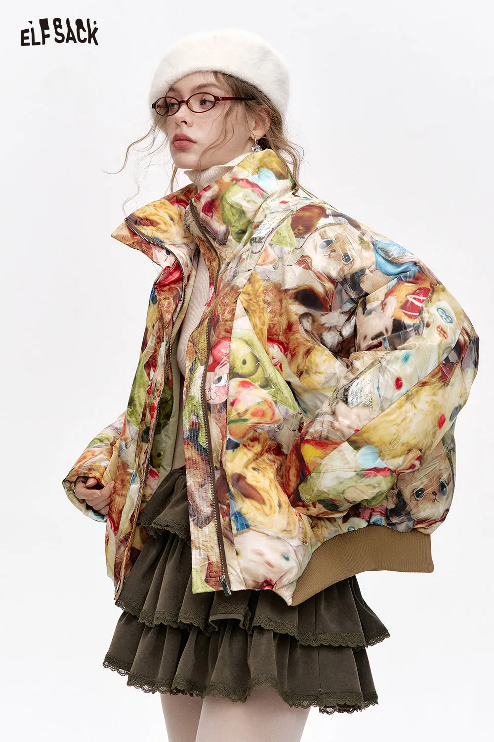 ELFSACK 2024 Winter New Arrivals Stand collar all over print short down jacket for women