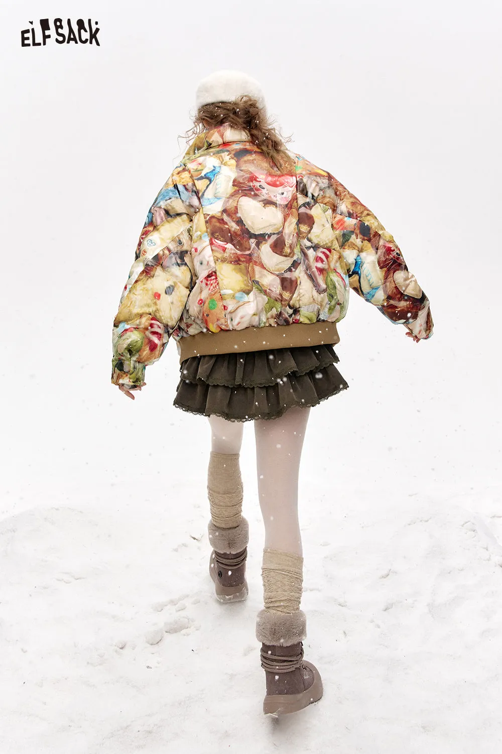 ELFSACK 2024 Winter New Arrivals Stand collar all over print short down jacket for women