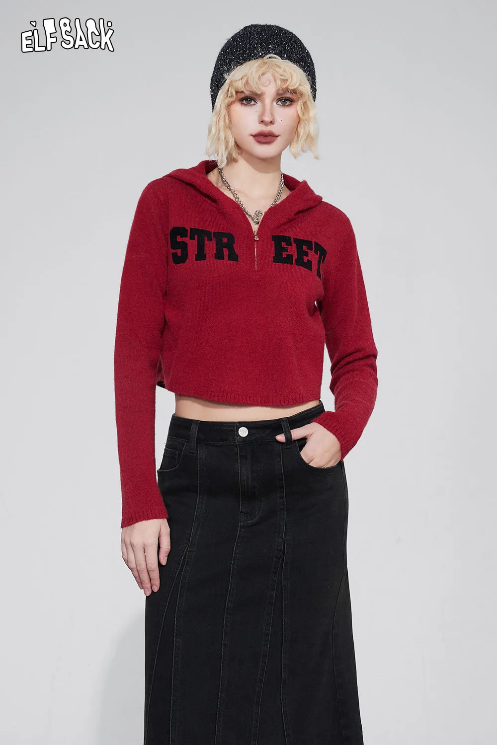 ELFSACK Christmas Hoodie Knitwears Women 2023 Winter New Slim Retro Tops