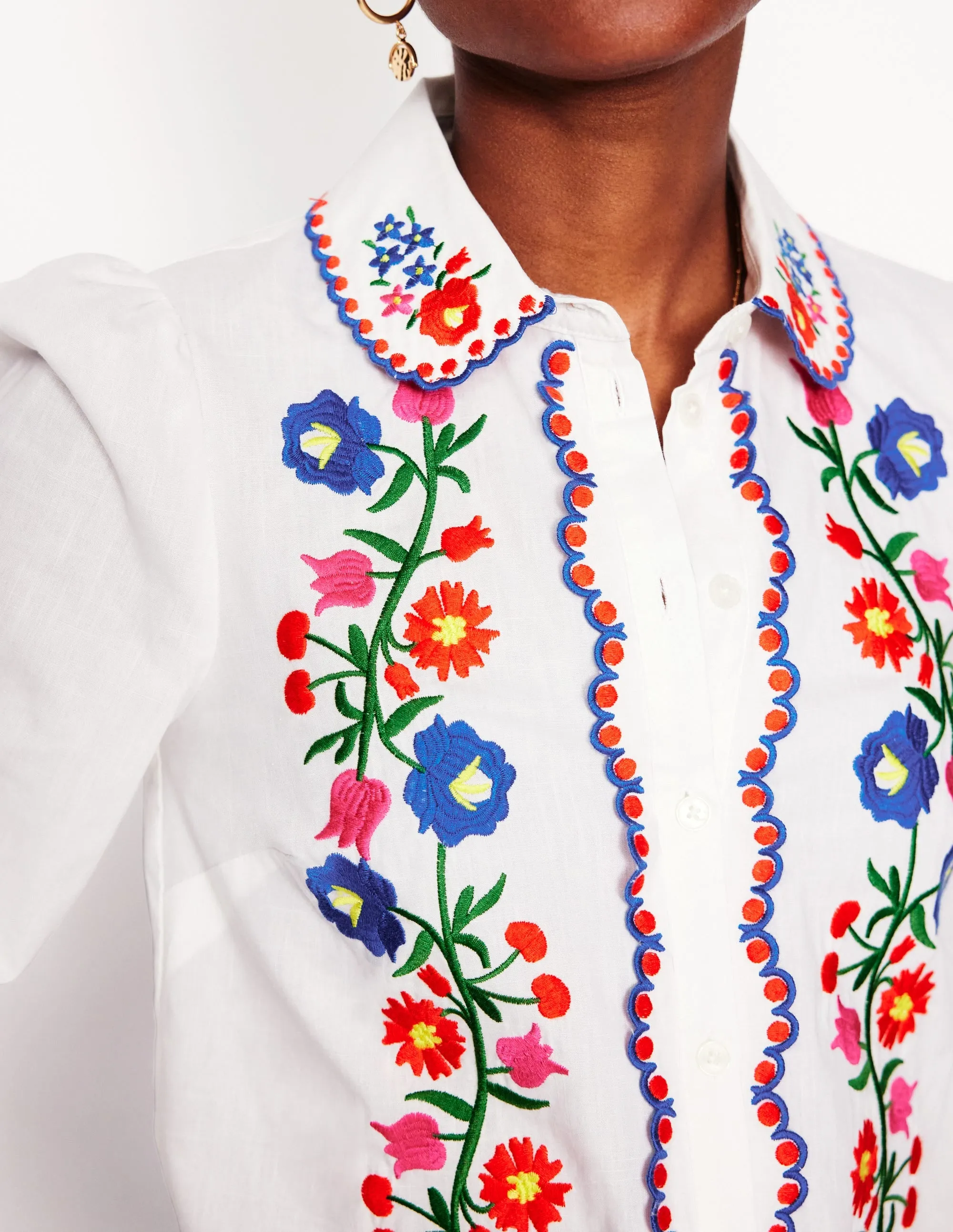 Embroidered Cotton Blouse-White, Floral Embroidery
