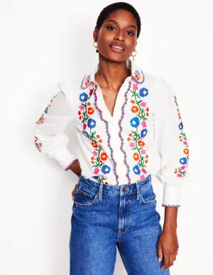 Embroidered Cotton Blouse-White, Floral Embroidery