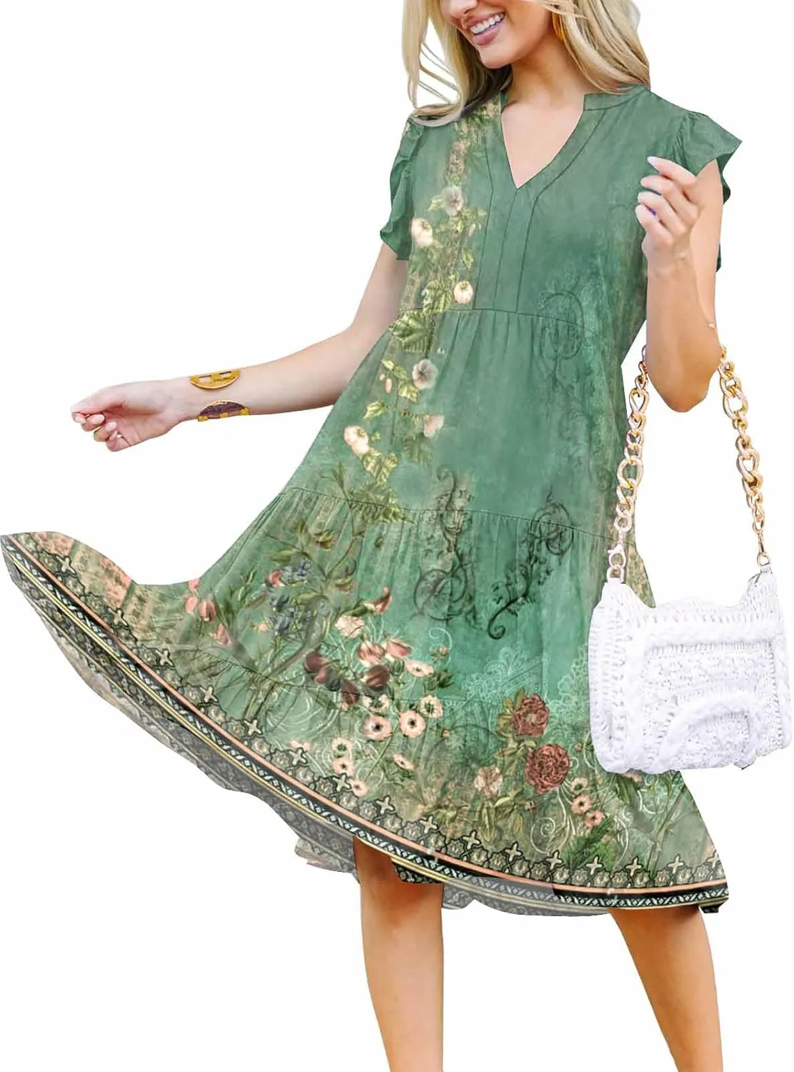 ETCYY Sundresses for Women 2025 Vacation Ruffle Tiered Beach Cover Ups Boho Floral Print Casual Summer Midi Dress