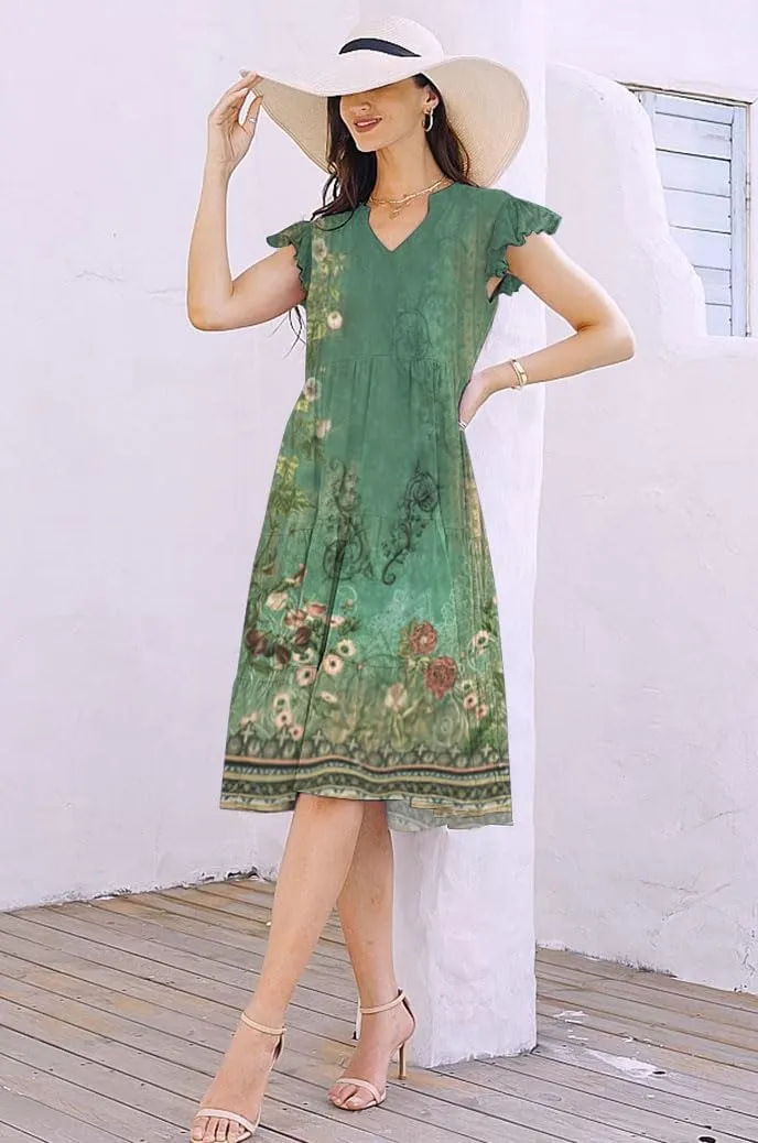 ETCYY Sundresses for Women 2025 Vacation Ruffle Tiered Beach Cover Ups Boho Floral Print Casual Summer Midi Dress