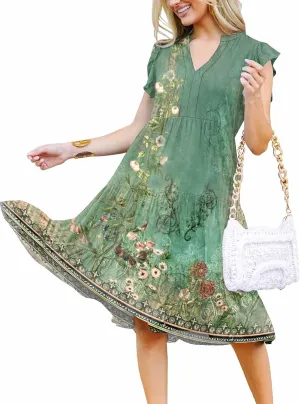 ETCYY Sundresses for Women 2025 Vacation Ruffle Tiered Beach Cover Ups Boho Floral Print Casual Summer Midi Dress