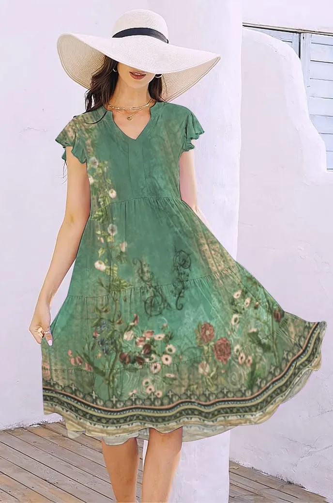 ETCYY Sundresses for Women 2025 Vacation Ruffle Tiered Beach Cover Ups Boho Floral Print Casual Summer Midi Dress