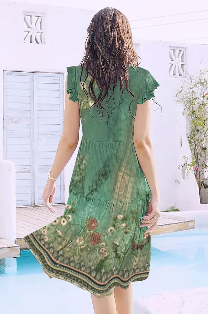 ETCYY Sundresses for Women 2025 Vacation Ruffle Tiered Beach Cover Ups Boho Floral Print Casual Summer Midi Dress