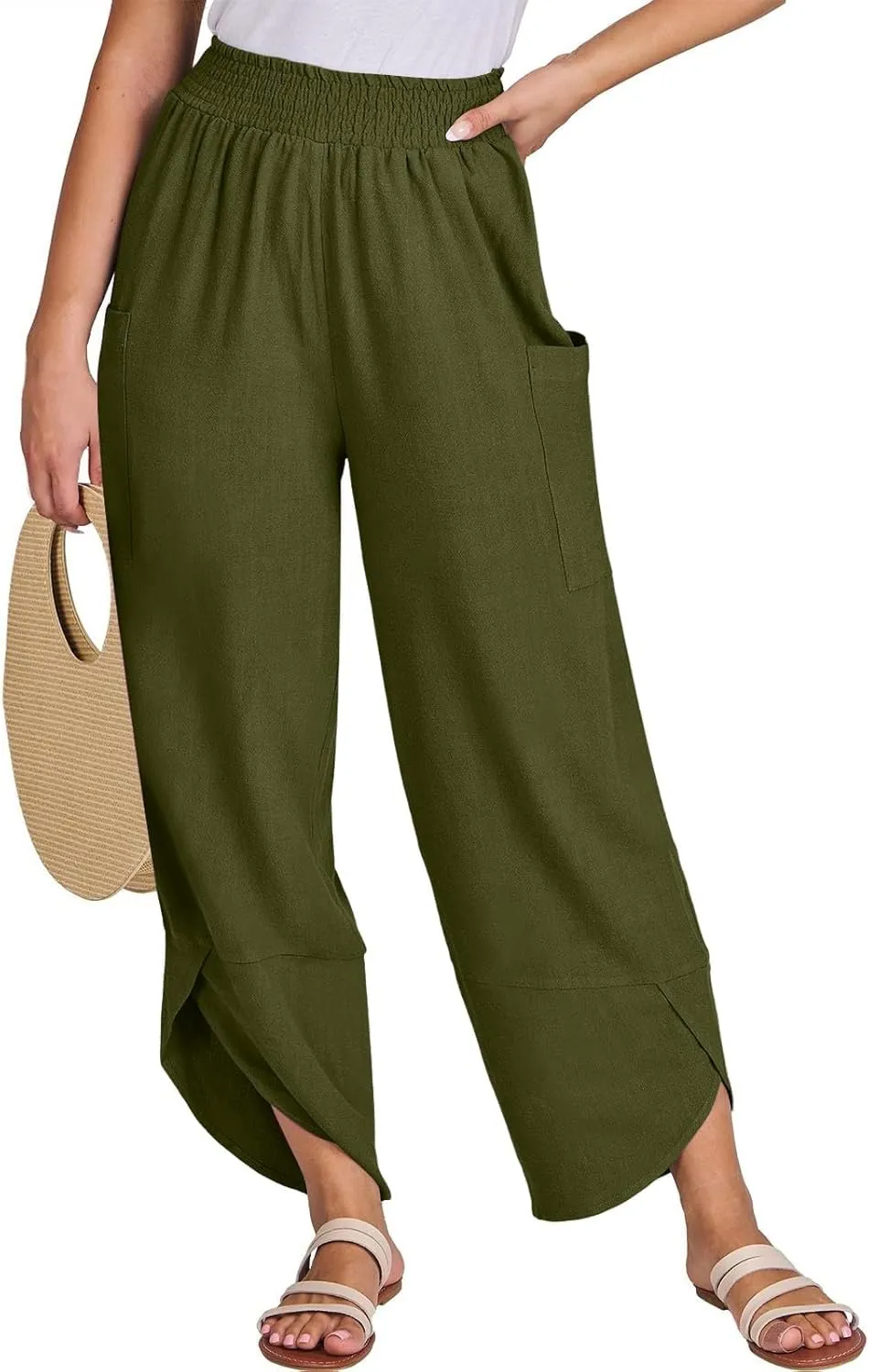 fanmpghleoo Harem Pants Women Cropped Wide Leg Linen Pants Summer Smocked Elastic Waist Yoga Pull On Capris with Pockets