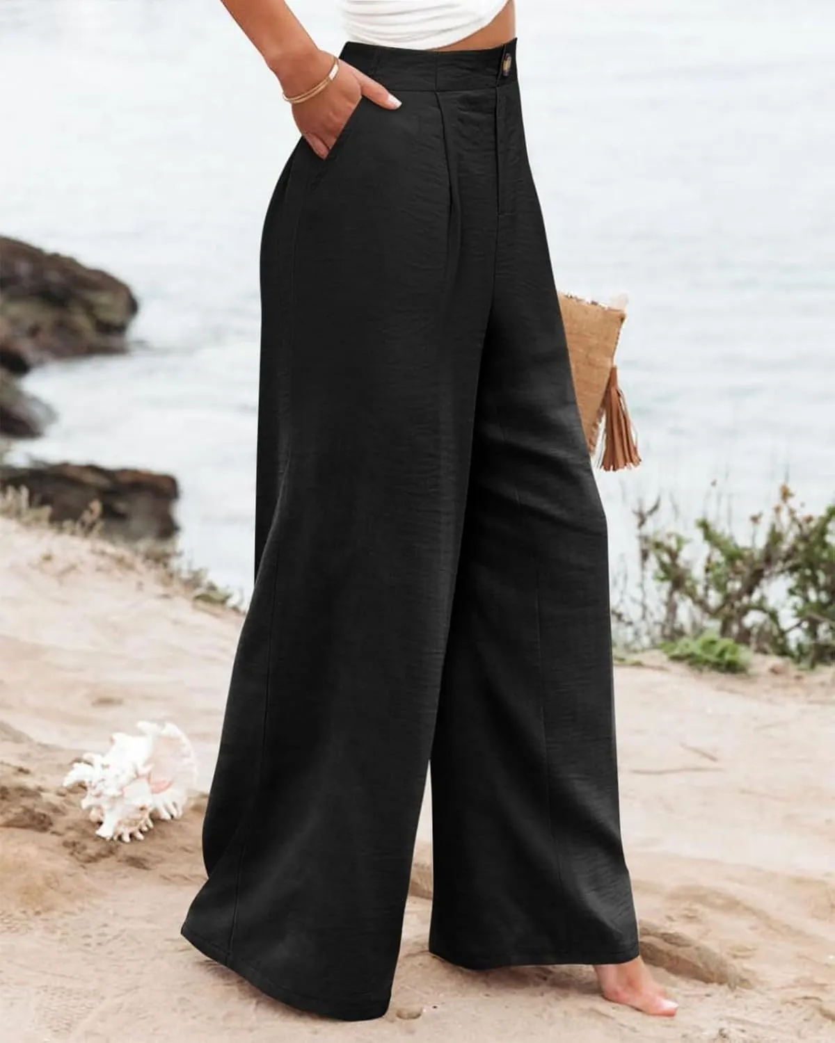 fanmpghleoo Striped Linen Pants Women Dressy Boho Linen Palazzo Pants Casual Business High Waisted Linen Trousers Pants 2025